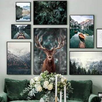 Снежный пейзаж, Лесной олень, Скандинавский плакат, Плакат с животными, Лодка на озере, Рождественские листья, Принты снежных гор, Изображение природы De  5