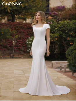 Современное свадебное платье с квадратным вырезом, простой халат невесты с коротким рукавом, элегантное атласное длинное свадебное платье 