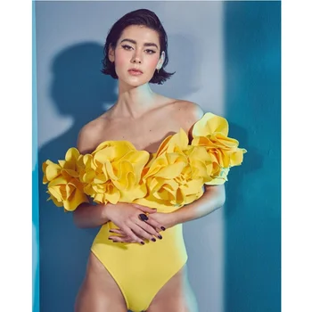 Сплошной Желтый 2024 Женский сексуальный цельный купальник с 3D цветком, купальники с открытыми плечами, пляжная одежда, летнее Монокини, одежда для серфинга, купальный костюм  5