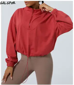 Спортивный свитер SALSPOR, свободная рубашка для йоги с длинными рукавами, для бега на велосипеде, для тренировок на открытом воздухе, куртка на молнии, Эластичные тонкие свитера  10
