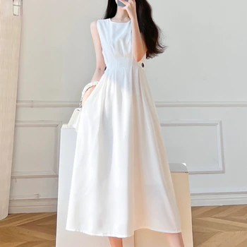 Стиль Простое белое платье для пригородных поездок, женское платье 2023, летние миди-платья без рукавов с круглым вырезом, модное женское офисное платье  0