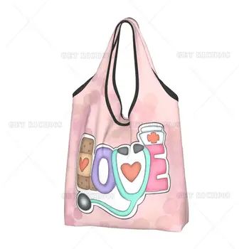 Сумка для покупок с розовым рисунком Nurse Love, портативная сумка для супермаркета, симпатичная сумка-тоут без застежки, модная многоразовая сумка для покупок с принтом  5