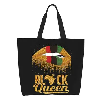 Сумки-тоут для покупок Black Queen Lips Africa Girl, женские холщовые сумки для покупок на плечо, сумки большой емкости на заказ  5