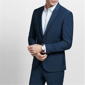 Темно-синие мужские костюмы, комплект из 2 предметов (Пиджак + брюки + галстук), Сшитый на заказ Повседневный Джентльменский смокинг для жениха, Приталенный блейзер для выпускного вечера  5