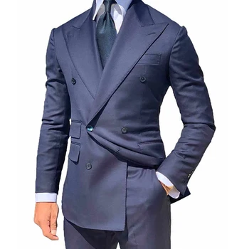 Темно-синие свадебные смокинги с двубортным рисунком из 2 предметов, приталенные Официальные мужские костюмы на заказ, модная одежда для деловых людей 2023 года  5