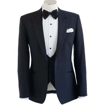 Темно-синий деловой мужской костюм с лацканами на одной пуговице, свадебные смокинги для жениха, костюм-тройка (пиджак + жилет + брюки)  5