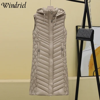 Теплый длинный жилет Windriel с капюшоном, осенне-зимнее женское жилетное пальто, однотонная модная куртка размера S-3XL, тонкая модная куртка без рукавов  4