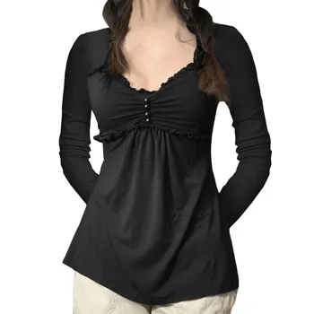 Топ, женские винтажные футболки, Весенне-осенняя одежда, однотонные футболки с длинным рукавом и рюшами, женская одежда y2k Streetwear  5