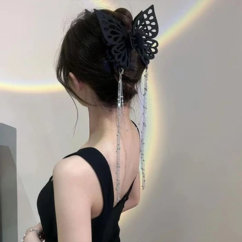 Трансграничный женский головной убор с заколкой на спине в стиле интернет-знаменитостей, пластиковый материал, большая бабочка, бахрома, заколка для волос в виде конского хвоста  5