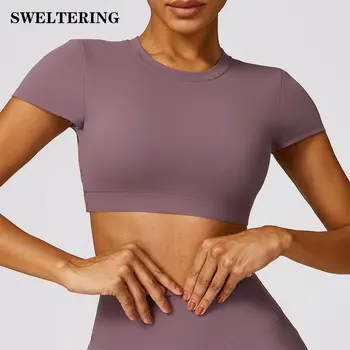 Укороченный топ с коротким рукавом, сексуальная рубашка для йоги с открытой спиной, женские топы для занятий фитнесом, спортивная одежда, футболки для бега  4
