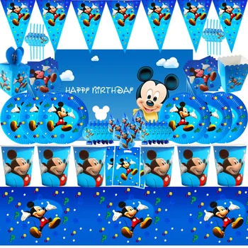 Украшение вечеринки с Микки Маусом Бумажный Флаг, Скатерть, Чашка, тарелка, Воздушный шар, тема Микки, Детский душ, Принадлежности для празднования Дня рождения мальчиков  2