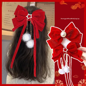 Украшение для волос с красным золотым бархатным бантом, Рождественские новогодние аксессуары, заколки для волос для женщин и девочек  5