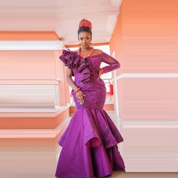 Фиолетовое бальное платье с оборками и аппликацией из бисера, прозрачное женское платье русалки на одно плечо с длинными рукавами на заказ  10