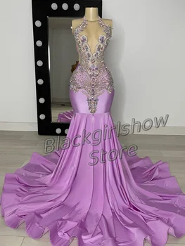 Фиолетовое свадебное платье с сексуальным V-образным вырезом и аппликацией из кристаллов, блестящее высококачественное платье с разрезом в виде рыбьего хвоста, тюлевые прозрачные платья для выпускного вечера  5