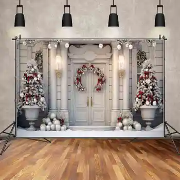 Фон для фотосъемки MOON.QG Белый Рождественский Венок на крыльце Снежный пол Дерево Фон Красный Бант Текстурированная дверь Декор ворот  5