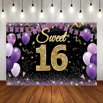 Фон для фотосъемки Sweet 16Th с Днем Рождения, декорации, баннер, золотой Фиолетовый Фон для вечеринки Sweet Sixteen, фотография с воздушным шаром  0