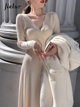 Французское трикотажное платье Jielur с V-образным вырезом, женское осенне-зимнее теплое элегантное белое платье миди А-образной формы с высокой талией и длинным рукавом  4