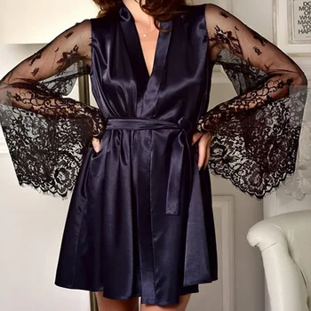 Халаты Женский интимный женский черный Новый кимоно Сексуальное свободное шелковое белье ночная пижама 2020 Платье кружевное  2
