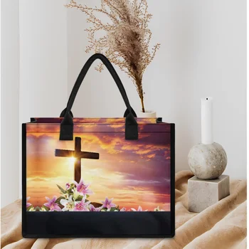 Холщовая сумка Внутренний карман на молнии с христианским крестом Повседневная сумка с ручкой через плечо для пригородных поездок Трендовые женские сумки-тоут в Подарок  2
