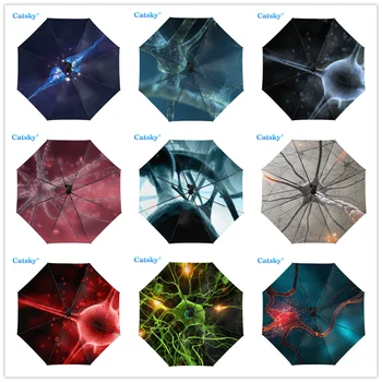 Художественный Нейрон, Полностью автоматический трехстворчатый зонт с черным покрытием, солнцезащитный зонтик от ультрафиолета, Женский зонтик от дождя  10