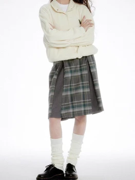 ХУЧЖОУ, Винтажная юбка Миди, женская школьная клетчатая лоскутная юбка, Плиссированная юбка трапециевидной формы длиной до колен, осень-зима, Элегантный дизайн  3