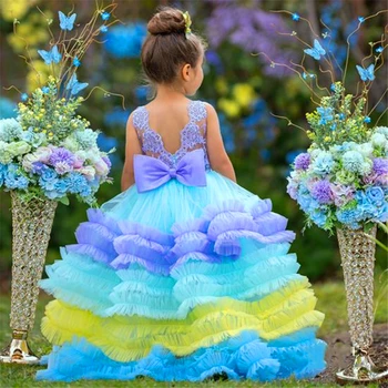 Цветное многослойное платье из тюля без рукавов с кружевами для девочек в цветочек, бальные платья принцессы для Первого причастия, детский подарок-сюрприз на День рождения  5