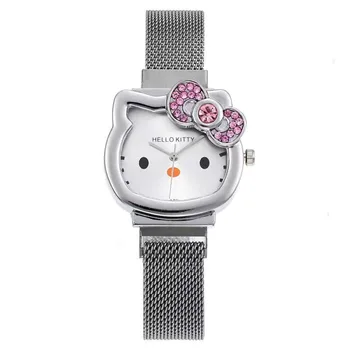 Часы со стальным ремешком Kawaii Sanrio Простой мультяшный рисунок Hello Kitty, женские модные повседневные кварцевые часы kt Cat, милые детские часы-сюрприз в подарок  4