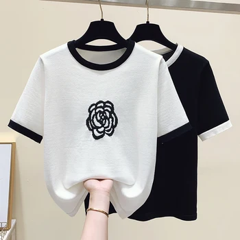 Черно-белый вязаный летний стиль, Модные блузки 2022, Дешевая винтажная одежда для женщин, Женская одежда Harajuku Kawaii  3