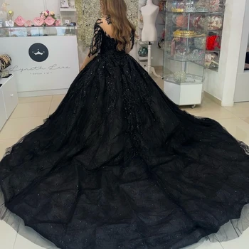 Черное Бальное платье с высоким воротом, Кружевными оборками и блестками, Пышные платья с длинным рукавом, Корсет, Vestidos De 15 Años  0