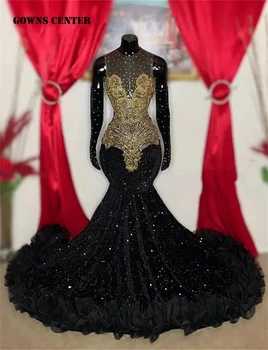 Черные бархатные платья для выпускного вечера с золотыми блестками Rainstones 2024 С перчатками Африканское свадебное вечернее платье Прозрачные платья для коктейлей  5