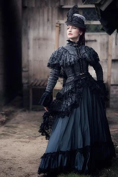 Черные платья для выпускного вечера в викторианском готическом стиле с длинным рукавом и корсетом с высокой горловиной, вечернее платье для косплея Bustle Medieval North Hollween  2