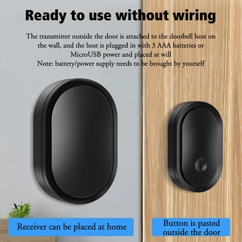 Черный Домашний Водонепроницаемый беспроводной дверной звонок с USB или батарейным питанием, 300 м, Комплект для перезвона дверного звонка для умного дома, светодиодная вспышка, Охранная сигнализация  5