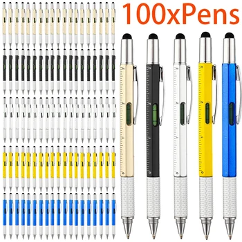 Шариковая ручка 6 в 1, 100шт, многофункциональная ручка-отвертка, Многоинструментальная ручка с линейкой, уровнемер  5