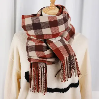 Шарфы, клетчатый шарф в стиле ретро, Женский зимний теплый шарф, имитация кашемира, студенческая теплая шаль  1