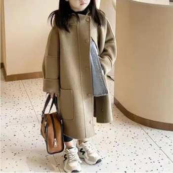 Шерстяное пальто для девочек, куртка Windbreak 2023, пояс, теплая утепленная зимняя хлопковая верхняя одежда для подростков, детская одежда  5