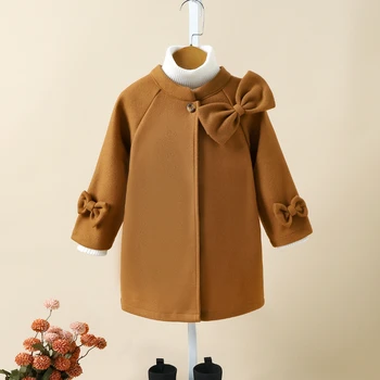 Шерстяное пальто для маленьких девочек, детская верхняя одежда с галстуком-бабочкой, осень-зима 2023, теплая куртка для малышей, детская утепленная одежда в корейском стиле  10
