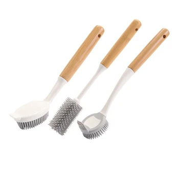 Щетка для сковороды с антипригарным покрытием с бамбуковой ручкой, для мытья посуды и чистки, щетка для сковороды с двойной головкой и щетка для чашек  5