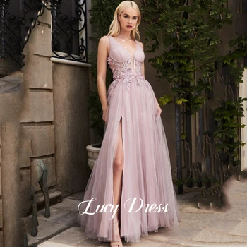 Элегантное платье Lucy Pink С аппликацией, женское вечернее платье 2023, платья для гостей на свадьбу с V-образным вырезом, Трапециевидные, Дубай, Роскошные, Длинные, Саудовские  4