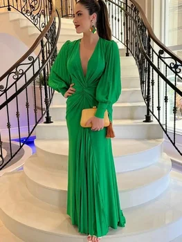 Элегантные зеленые выпускные платья Flavinke с глубоким V-образным вырезом и длинным рукавом, шифоновые вечерние платья, вечерние платья для женщин  10