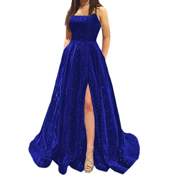 Элегантные платья для выпускного вечера для женщин, Свадебная вечеринка, Королевский синий, с блестящими пайетками, разрез по бокам, длина до пола, Высокая талия, вечернее платье без спинки  5