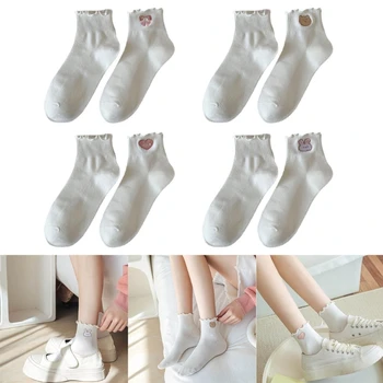 Японские Милые носки до щиколотки с оборками Для женщин и девочек, Милые носки с вышивкой в виде кролика и медведя, Повседневные дышащие чулочно-носочные изделия  5