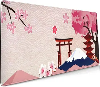 Японский пейзаж, Розовая Сакура, Удлиненный коврик для мыши 35,4x15,7 Дюймов, XXL, Вишневый цвет, Нескользящая резиновая основа, Большой игровой коврик для мыши  5