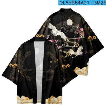 Японское кимоно с принтом журавля в стиле Харадзюку Традиционная уличная одежда Черный Кардиган Халат Женщины Мужчины Хаори Топ Юката  4