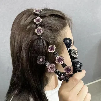 머리핀 Заколки для волос в виде плетеных страз для девочек, заколка для волос с 3 цветами, заколка для волос с кристаллами, женская заколка для волос, аксессуары для волос  5